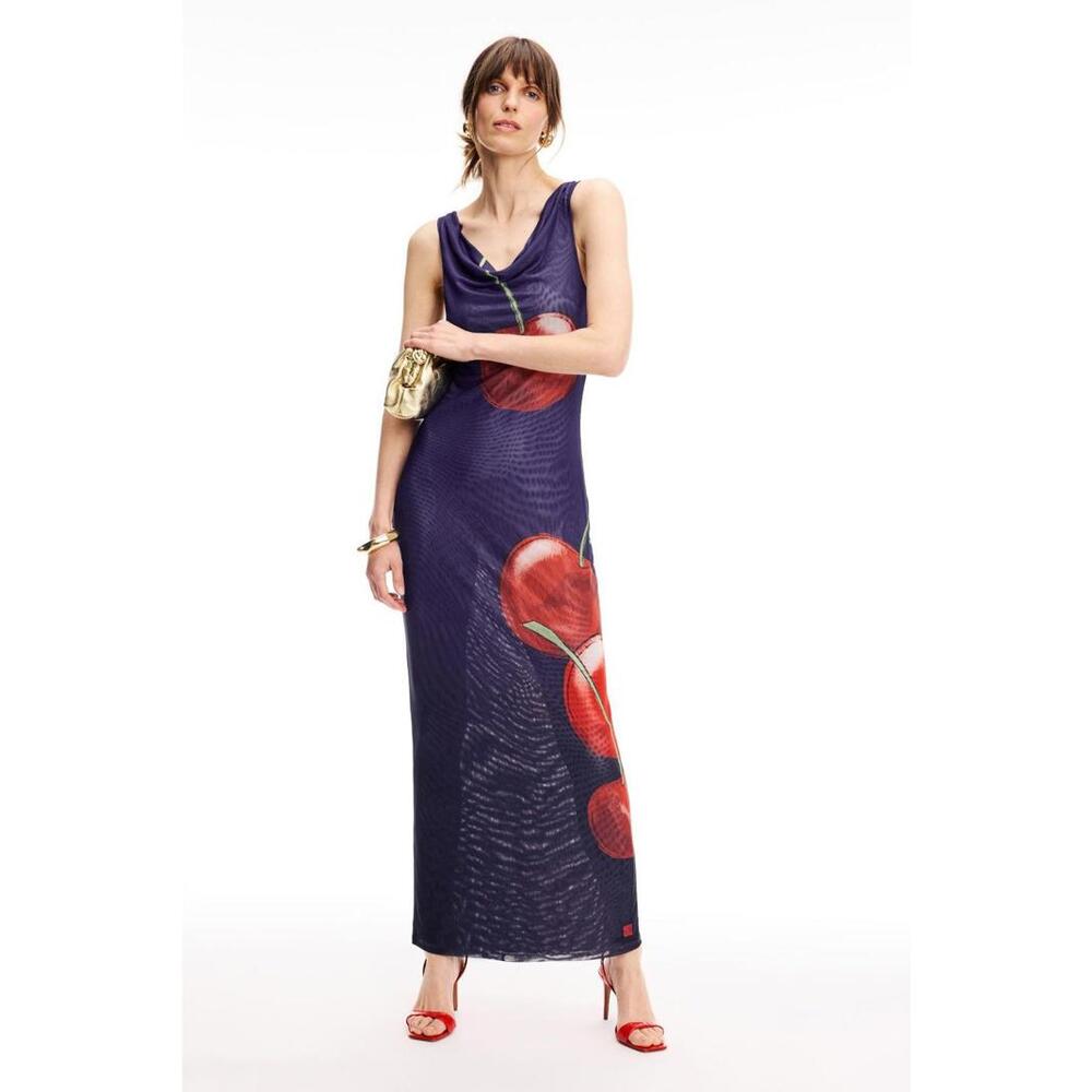 Muma World Blue Graphic Night Cherry Midi Dress Size M with Stains